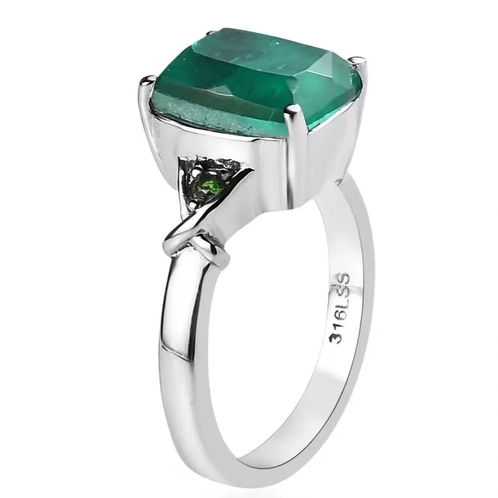 Emeraldine Quartz (Triplet) and Simulated Green Diamond Ring in Stainless Steel